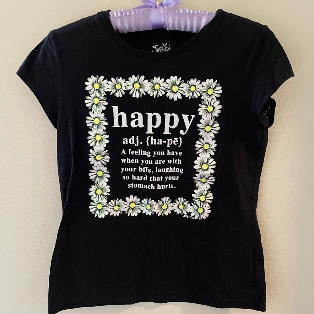 Justice Girls Tee shirt “HAPPY” with iridescent glittery flowers Size 14